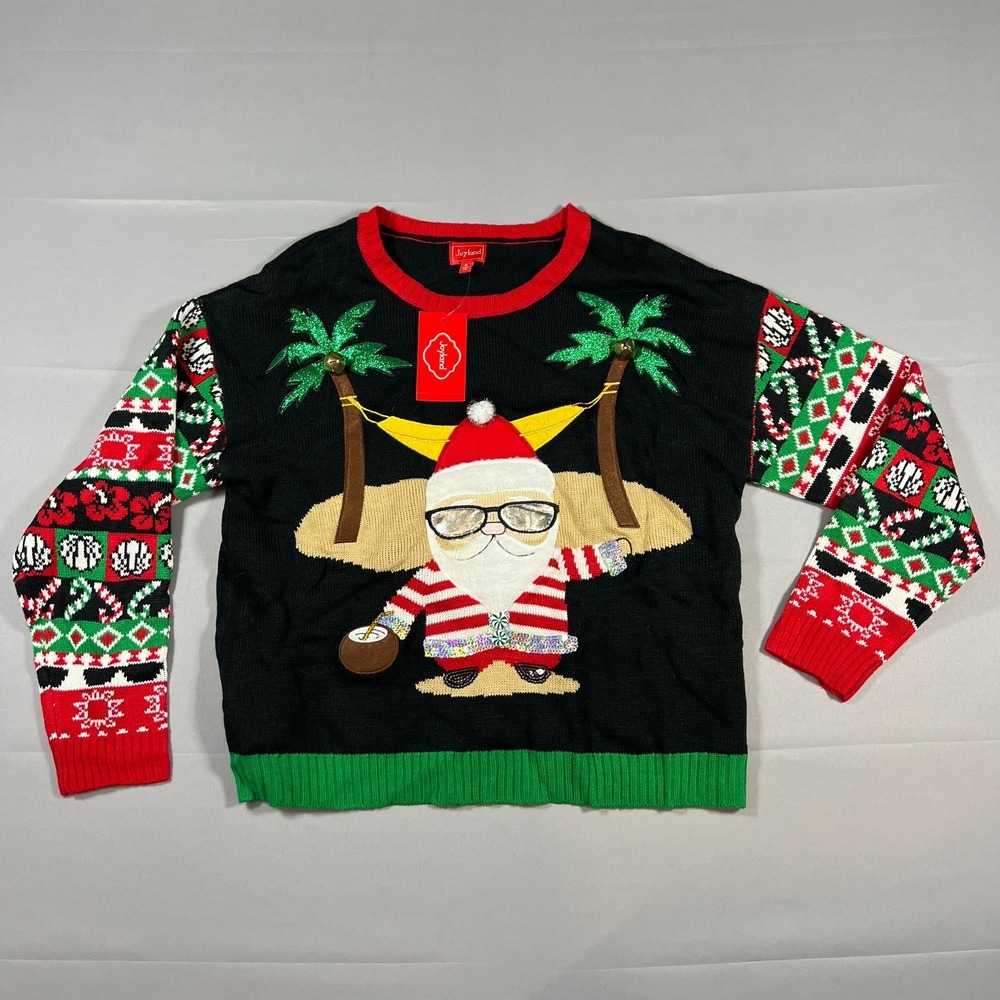 Joyland Vacation‎ Santa Sweater Womens XL Black Fair Isle Rib Trim Raglan Sleeve